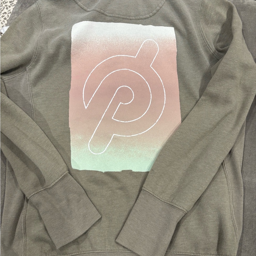 Peloton Olive Green Sweatshirt emboldened with Peloton in front & Logo on back
